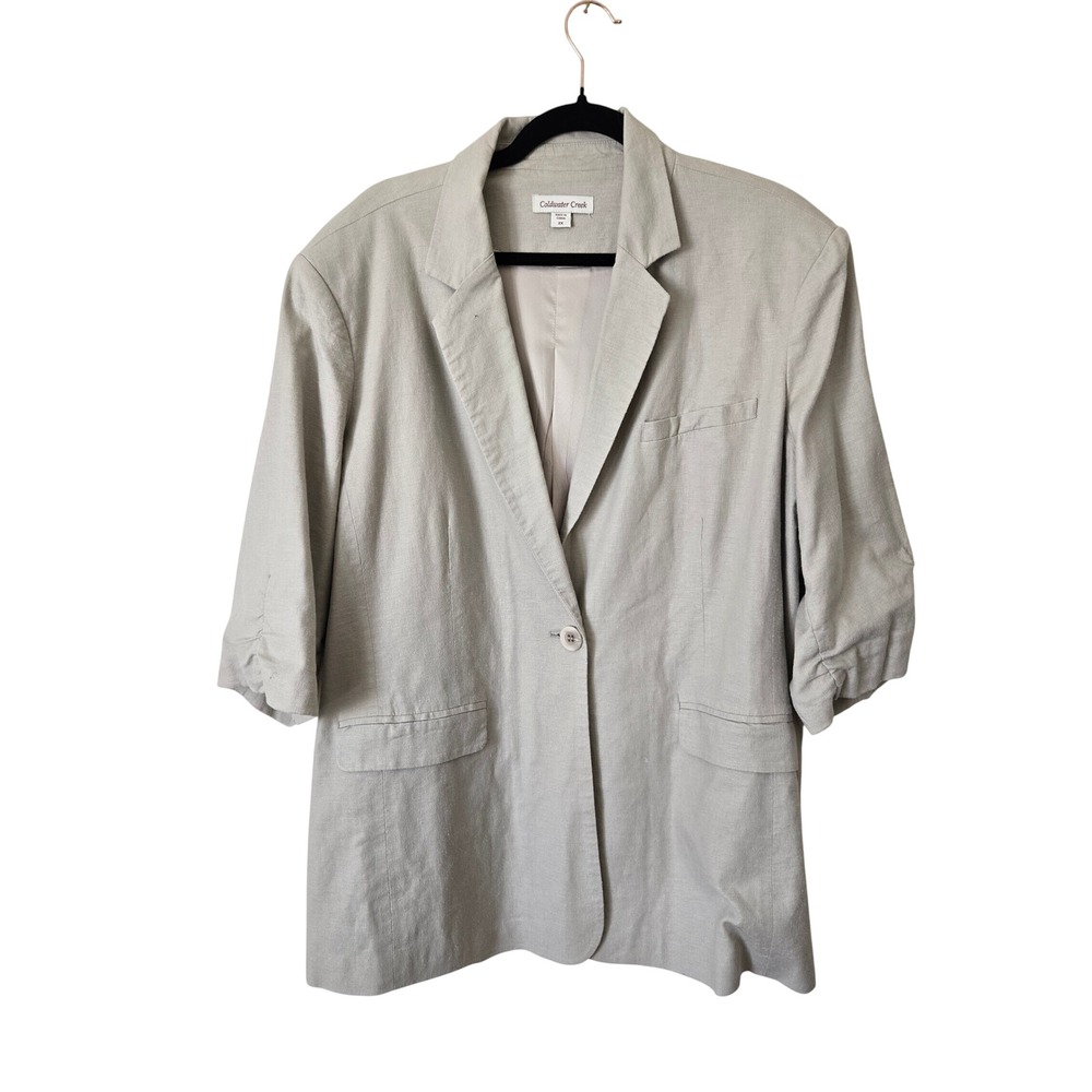 Coldwater Creek Womens 2X Blazer Beige Linen Blend Ruched 3/4 Sleeve Jacket